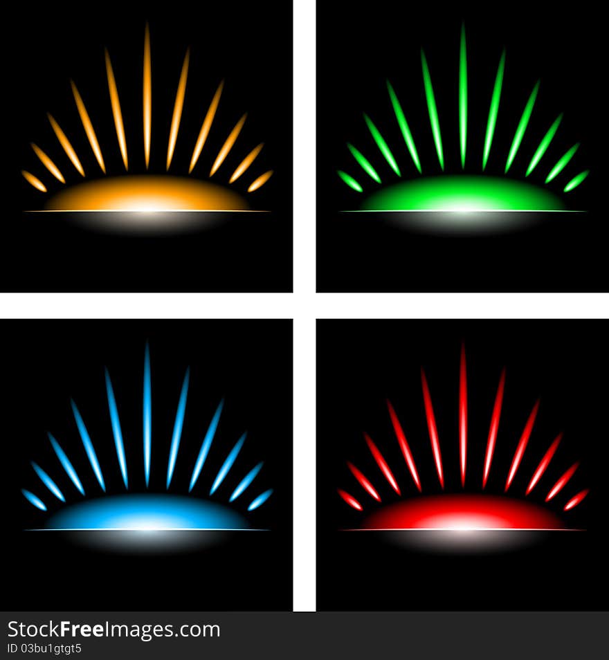 Set of a four black backgrounds with abstract sun. Set of a four black backgrounds with abstract sun