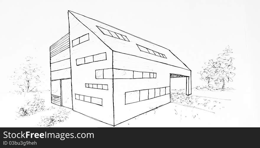 Modern building drawing made with black ink