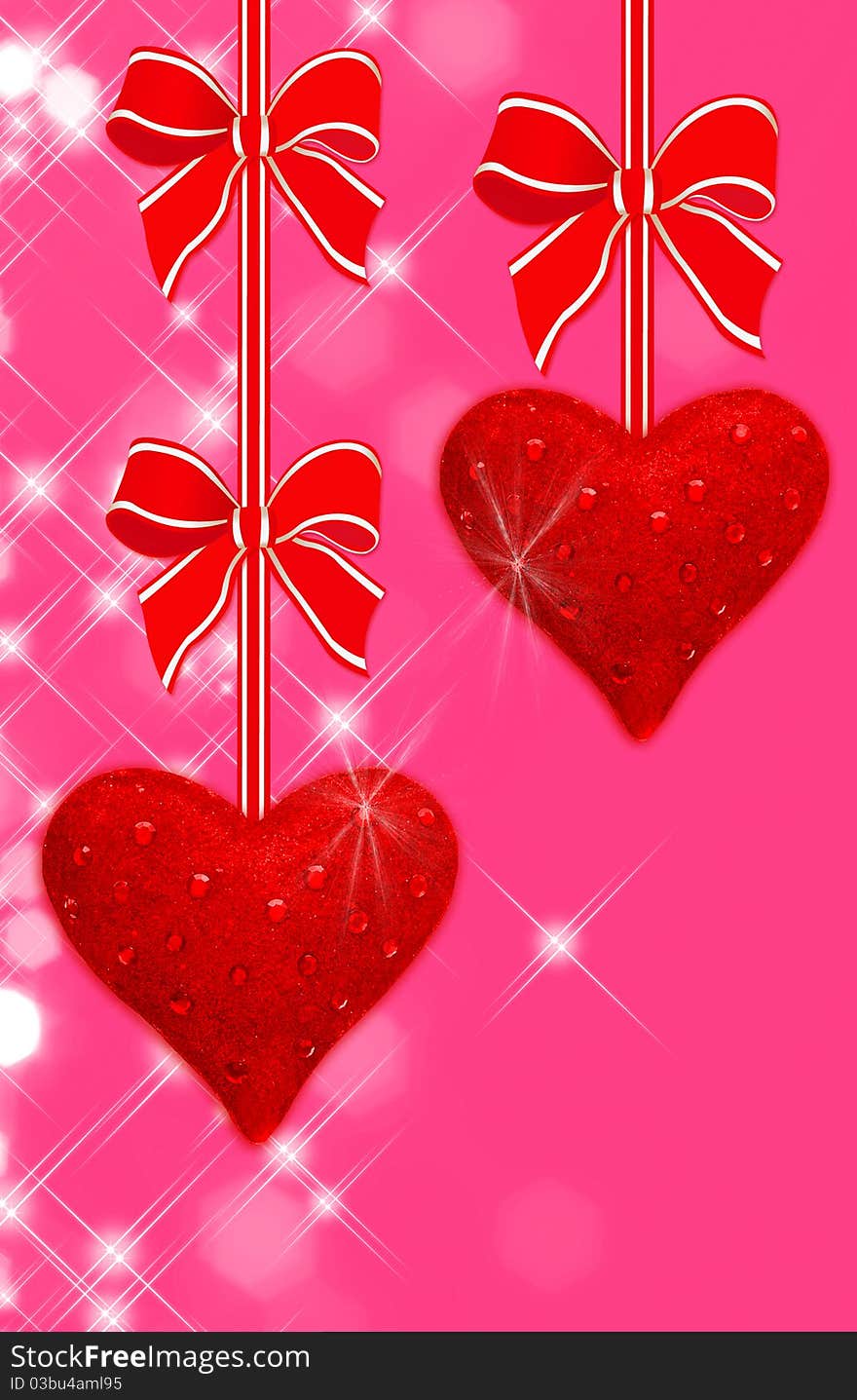 Two read hearts hanging on pink background