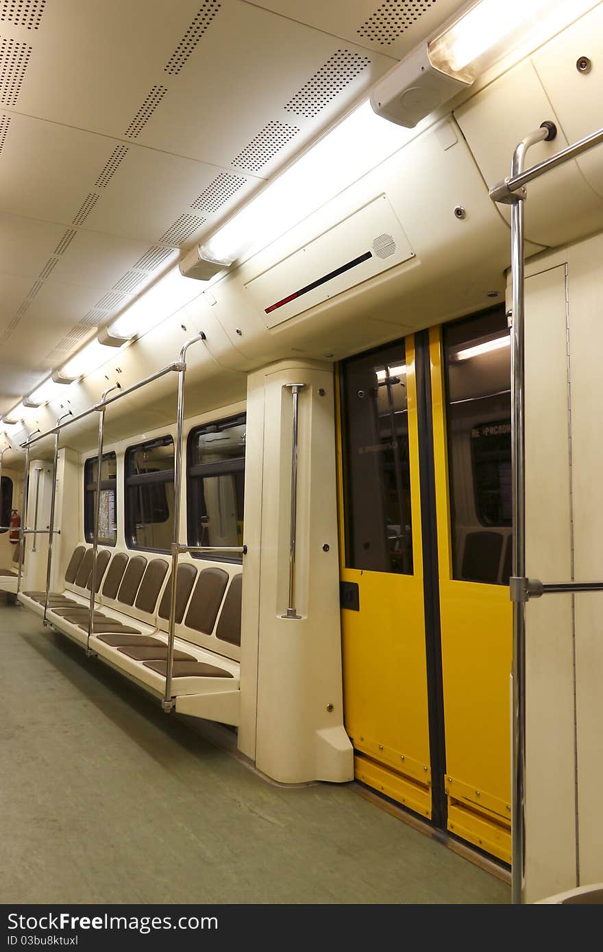 Interior of the new car of the Moscow underground. Interior of the new car of the Moscow underground