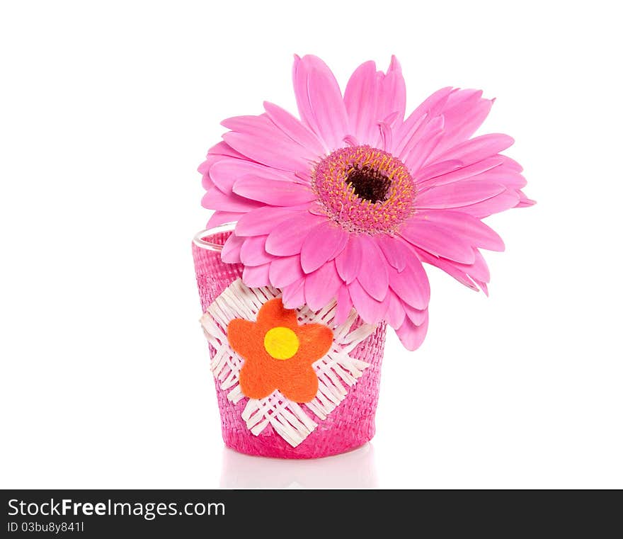 A pink gerbera flower in a little flowered glass vase isolated over white