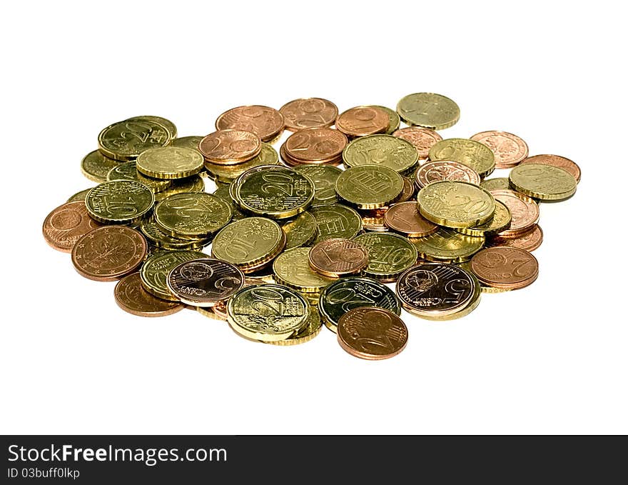 Euro cents coins background isolated on white background.