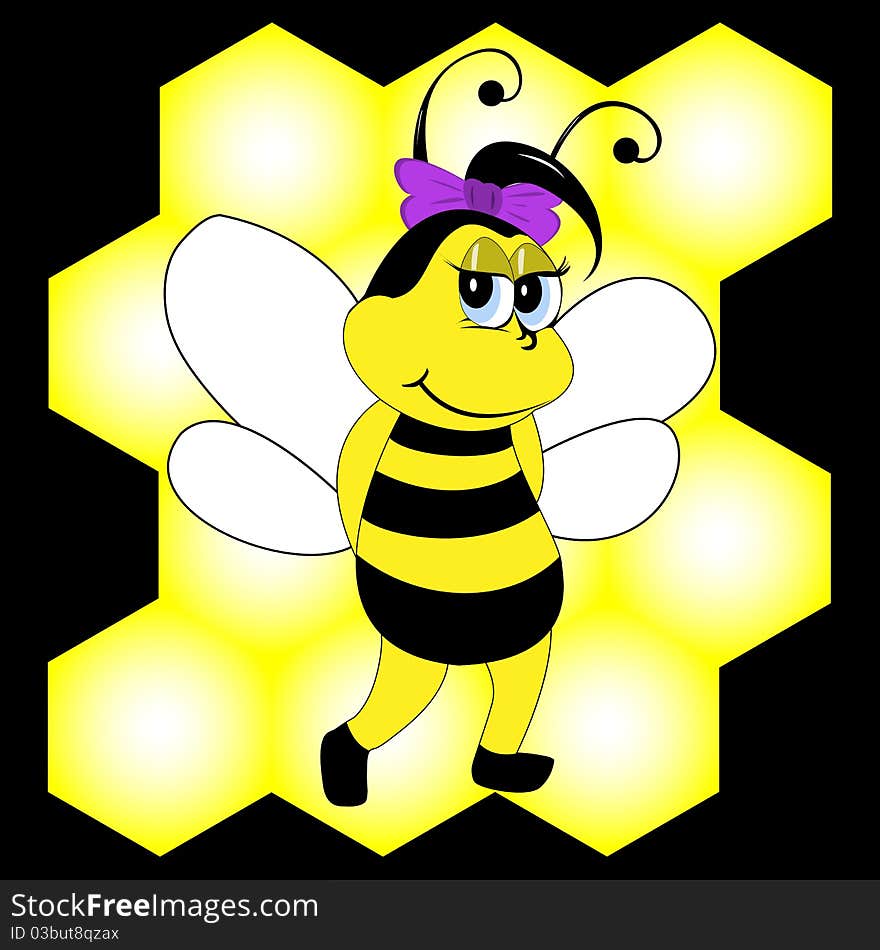 Smiling bee on honeycomb background, vector illustration, eps10