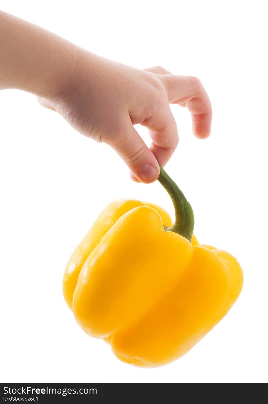 Bulgarian pepper in children's hands on a white background