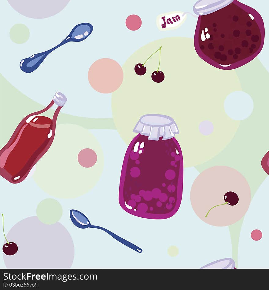 Seamless texture with pots, jam, spoons, cherries. Seamless texture with pots, jam, spoons, cherries.