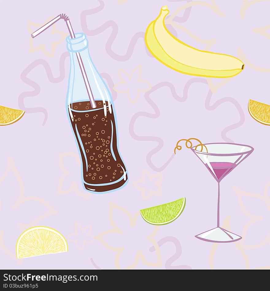 Seamless texture with coke, cocktail and fruits. Seamless texture with coke, cocktail and fruits