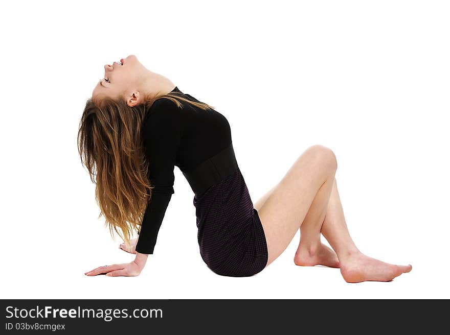 Young  Woman Sitting  On White Background