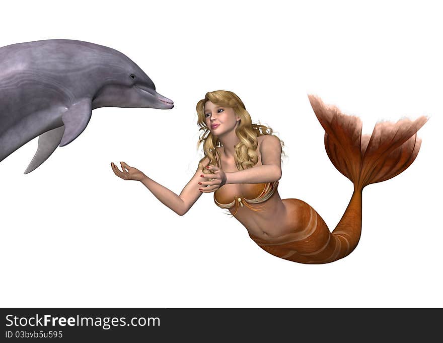 A beautiful mermaid greets a friendly dolphin - 3D render. A beautiful mermaid greets a friendly dolphin - 3D render.