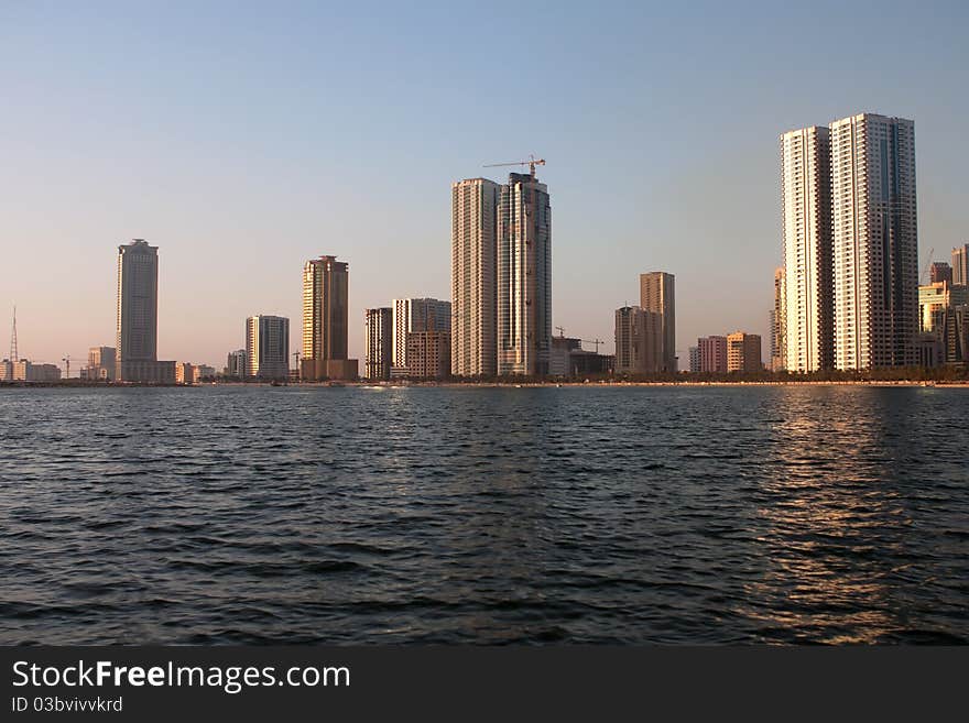 Sunlit panorama of lagoon in sharjah. UAE. Sunlit panorama of lagoon in sharjah. UAE.