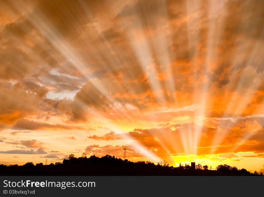 Sun beam at sunset