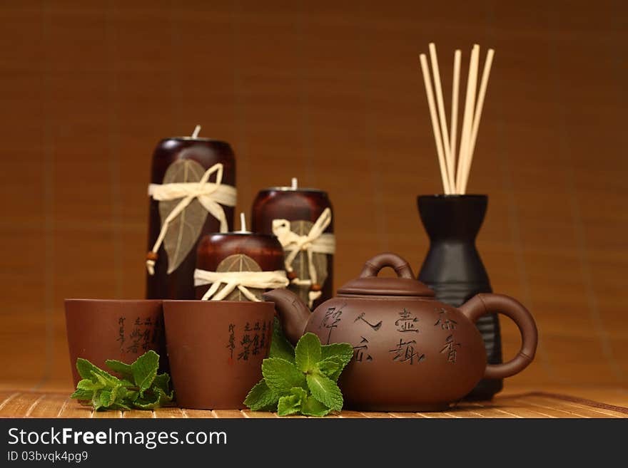 Mint tea on china background