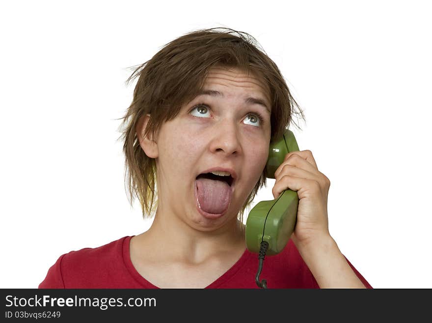 Young stressed woman on telephone - isolated on white background. Young stressed woman on telephone - isolated on white background