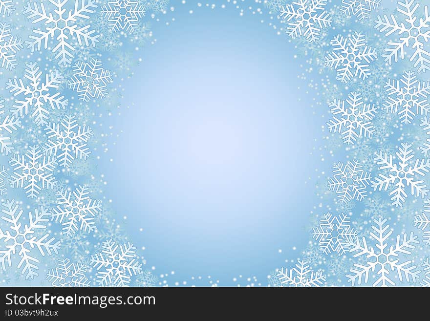 Vector illustration of frosty snowflakes over a light blue background