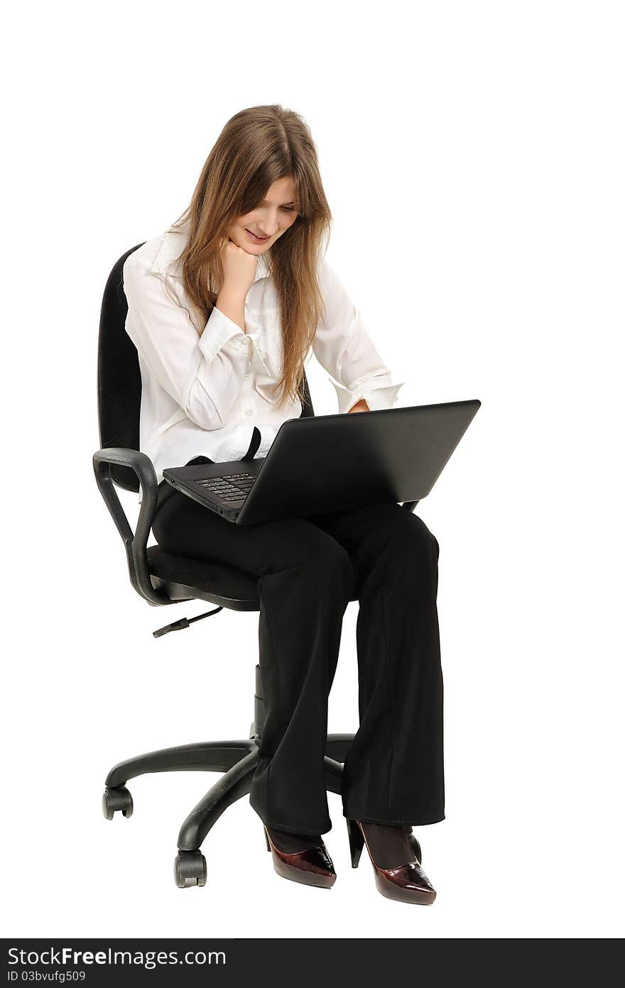 Woman with a laptop suspects a white background. Woman with a laptop suspects a white background