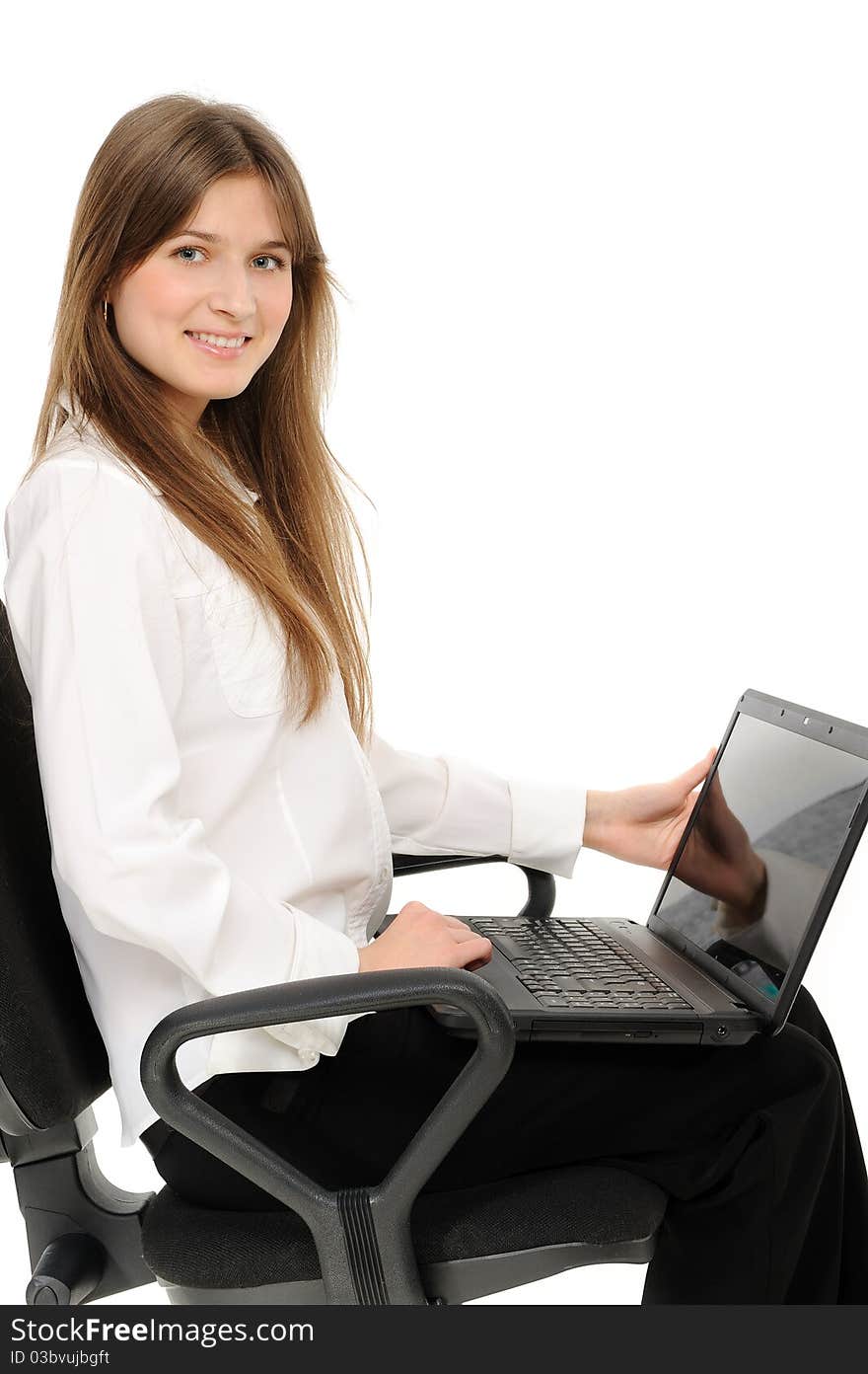 Woman with laptop on a white background