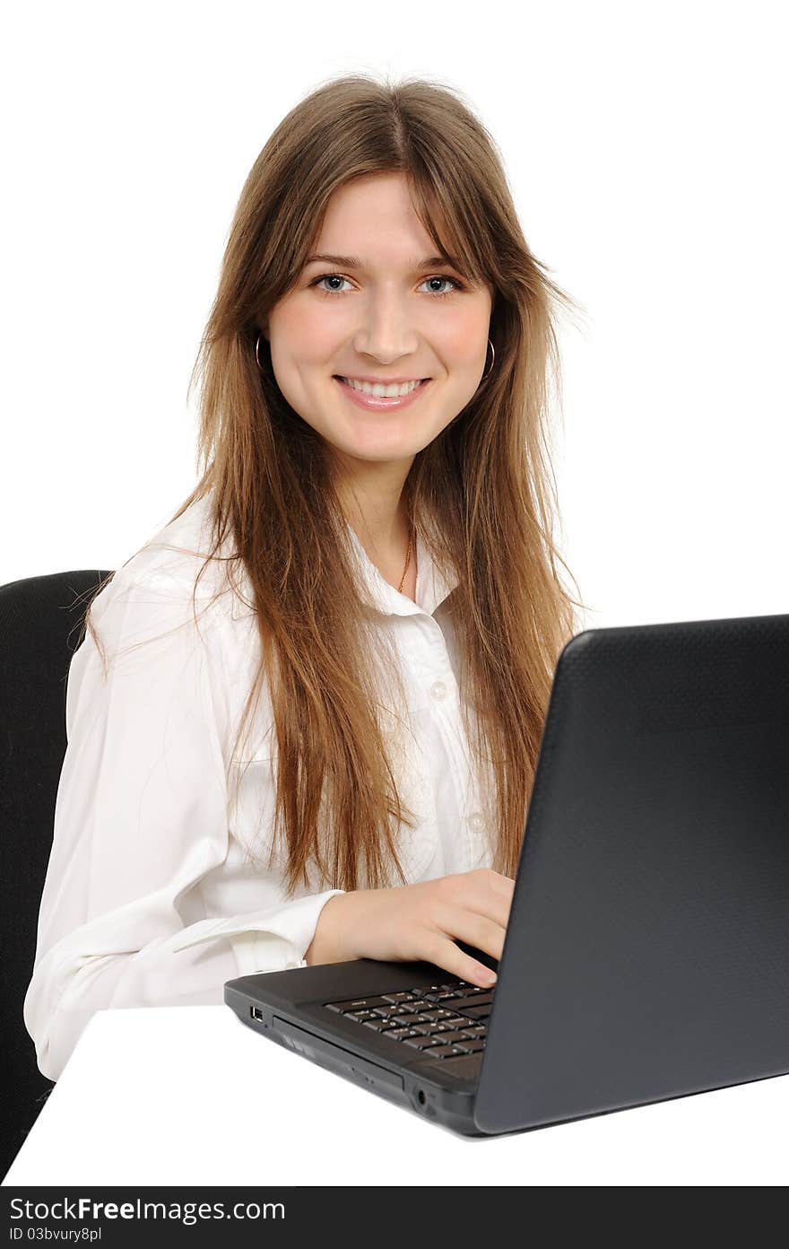 Woman with laptop on a white background