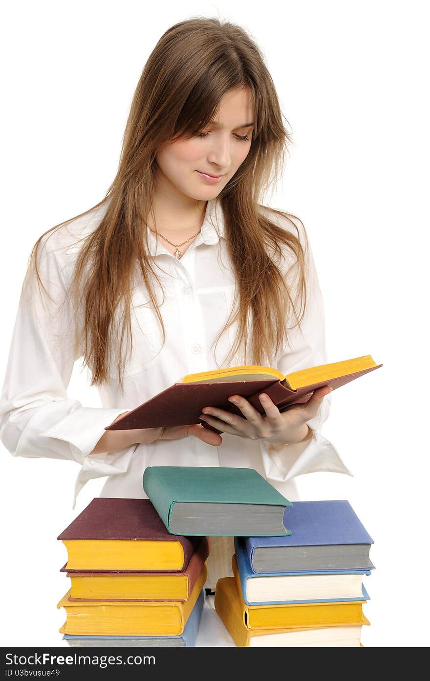 Student girl with books on white background