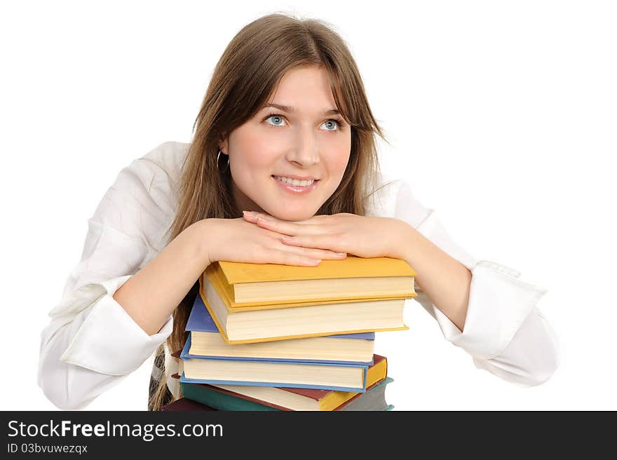 Student girl with books on white background