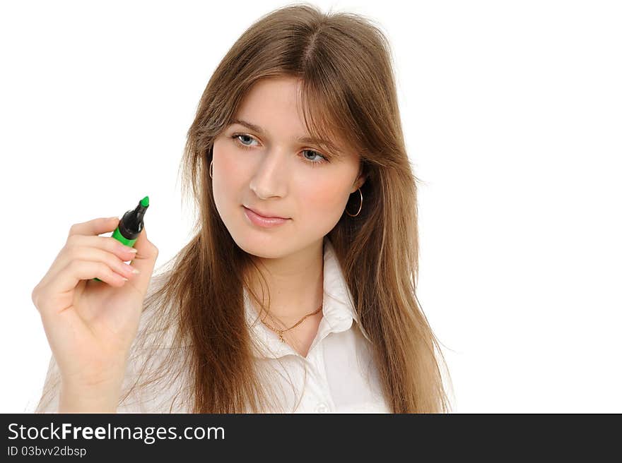 Woman drawing something on screen with a pen