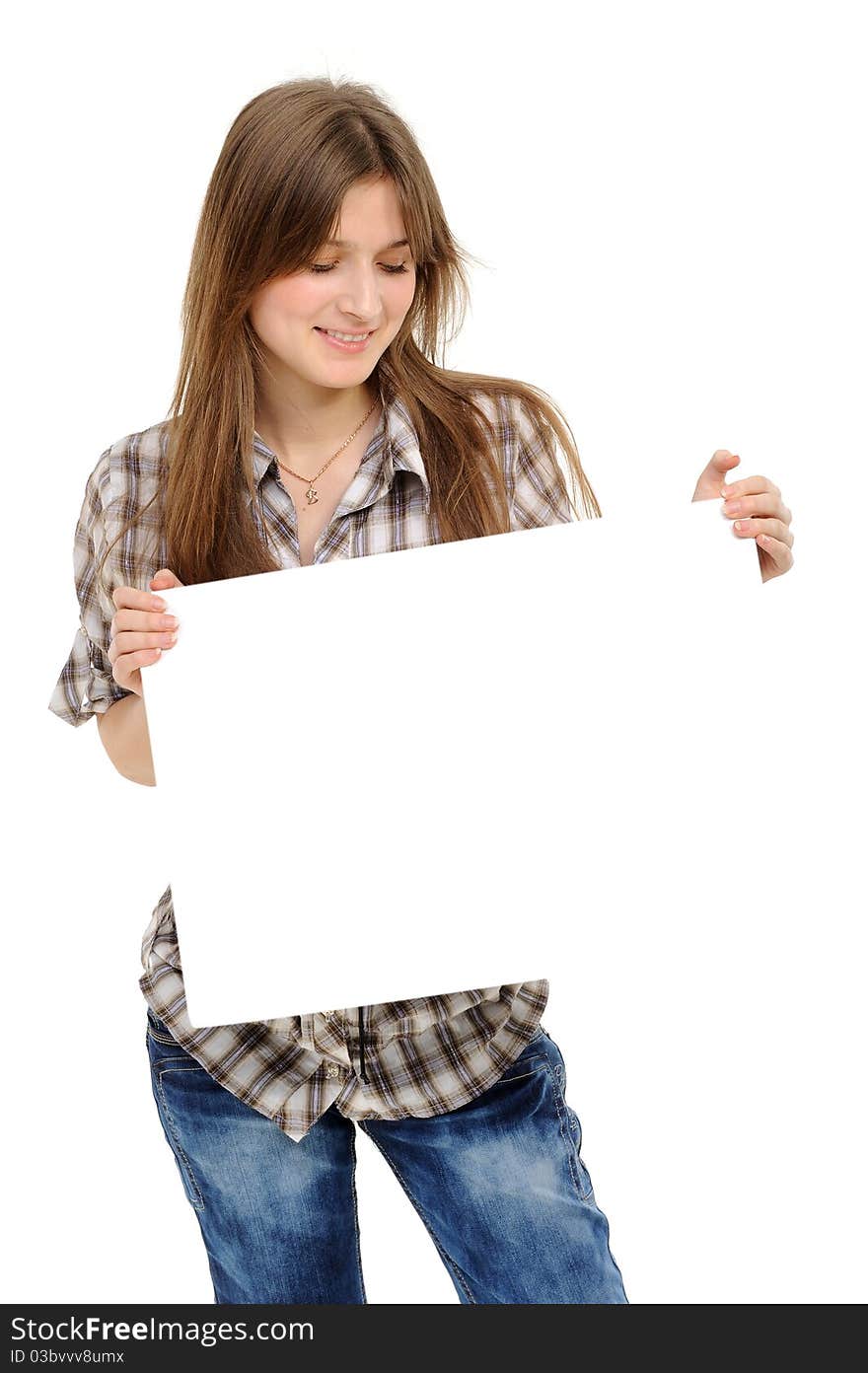 Young woman holding empty white board, on a white background