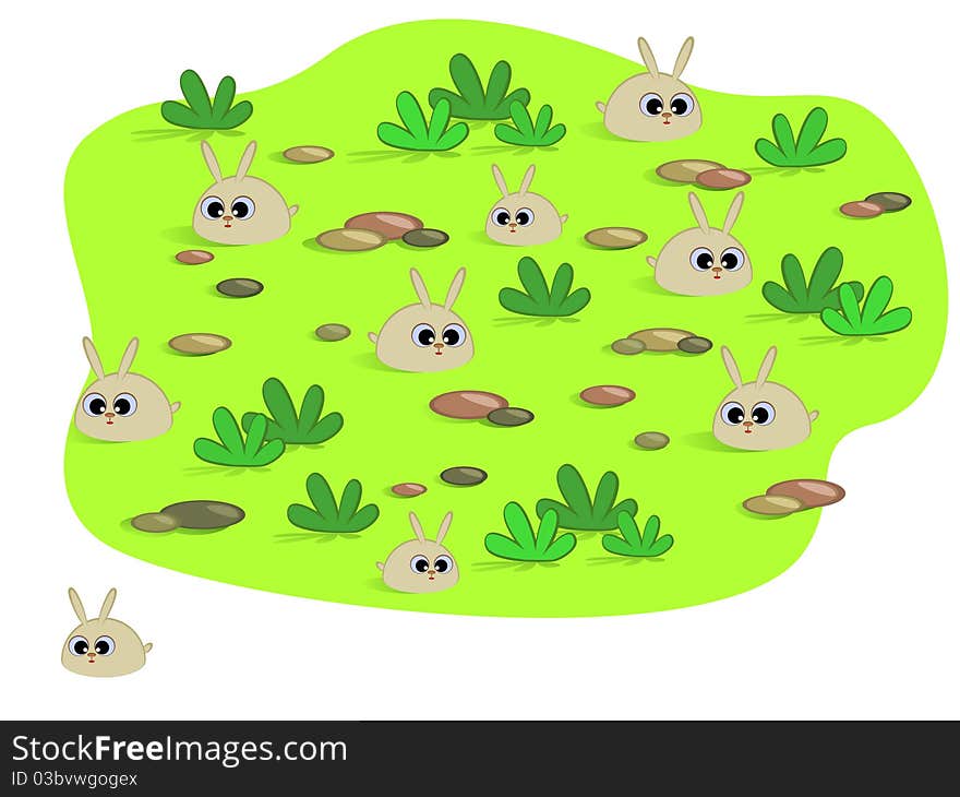 Cute cartoon rabbits in a meadow. An isolated image. Cute cartoon rabbits in a meadow. An isolated image.