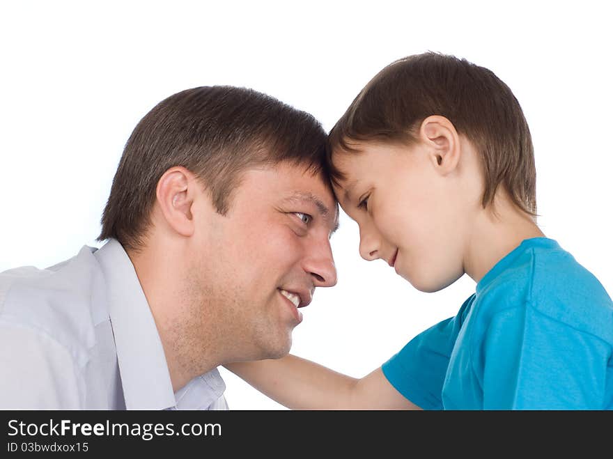 Happy father and son on a white