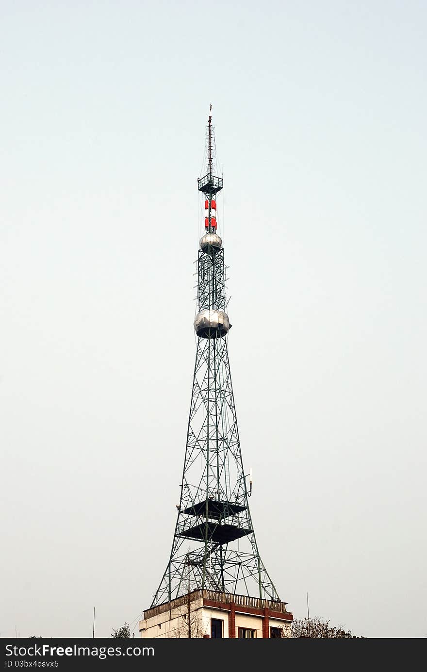 A TV tower in a small town.