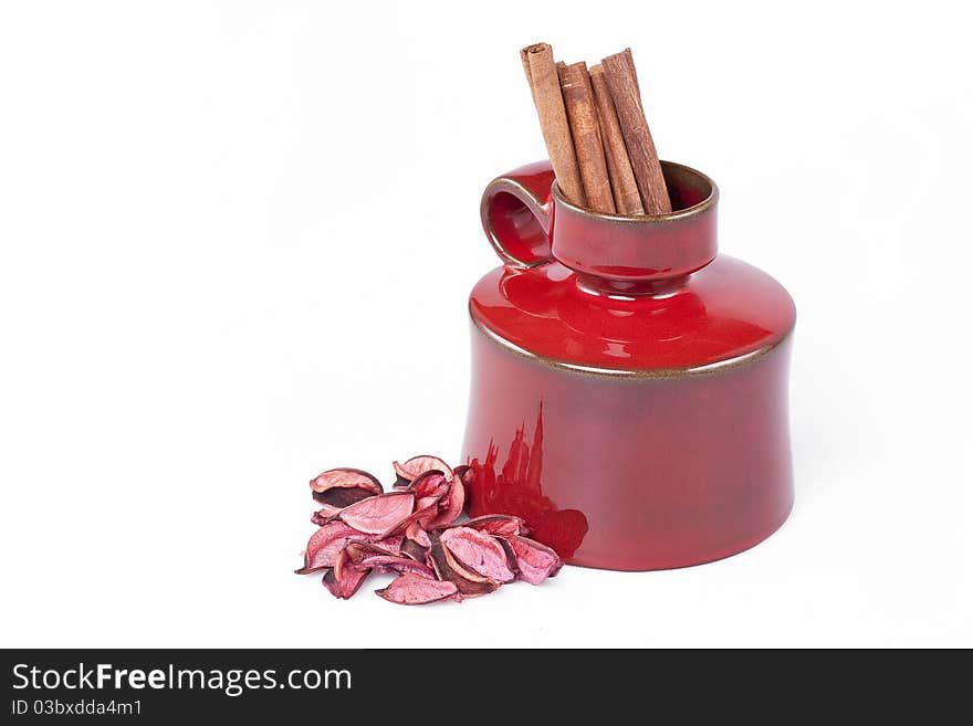 Cinnamon sticks in the vase as a decoration, Bird's-eye view. Cinnamon sticks in the vase as a decoration, Bird's-eye view