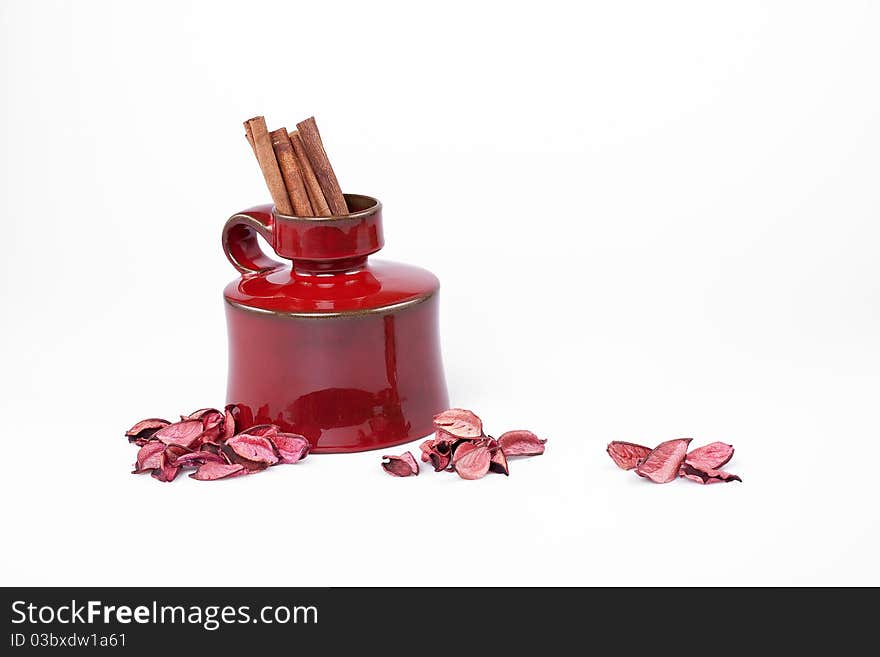 Cinnamon sticks in the vase as a decoration, Bird's-eye view. Cinnamon sticks in the vase as a decoration, Bird's-eye view