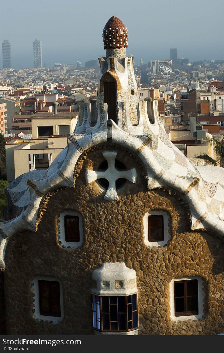 Park Guell, Montana Pelada, Barcelona, Spain - close-up view with the city in the background