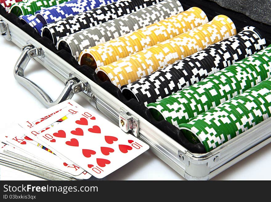 Metal briefcase with fisches for the game of poker. Metal briefcase with fisches for the game of poker