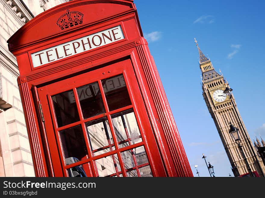 Big Ben and Red Phone Booth in Pariament Square in London