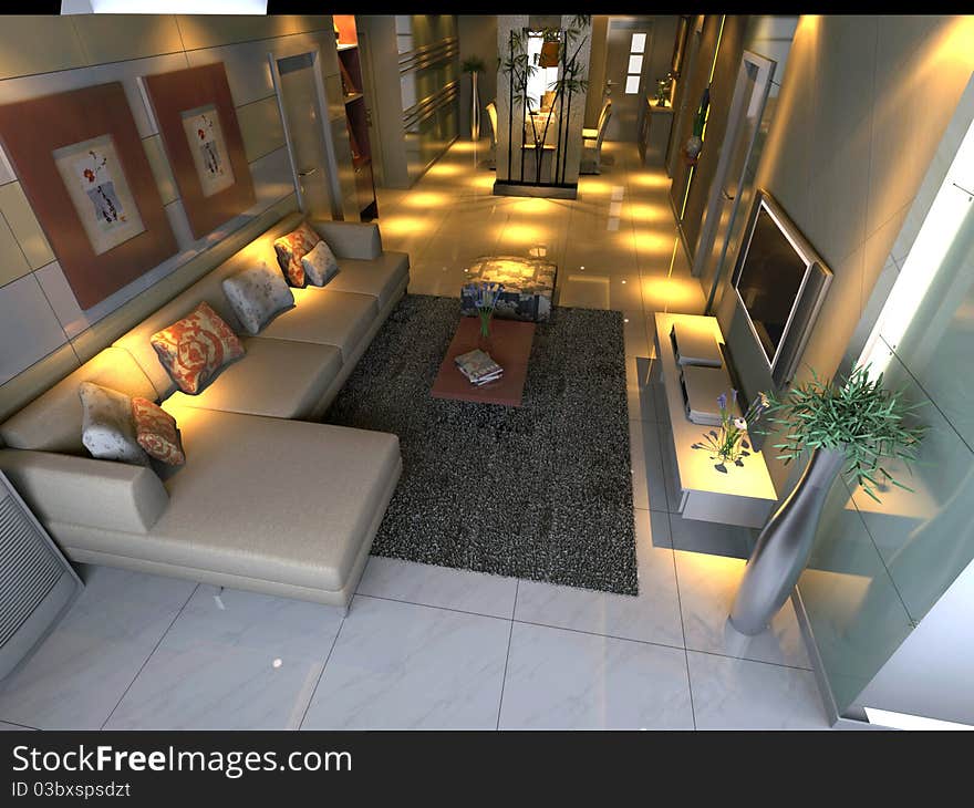 Interior fashionable living-room 3D rendering. Interior fashionable living-room 3D rendering