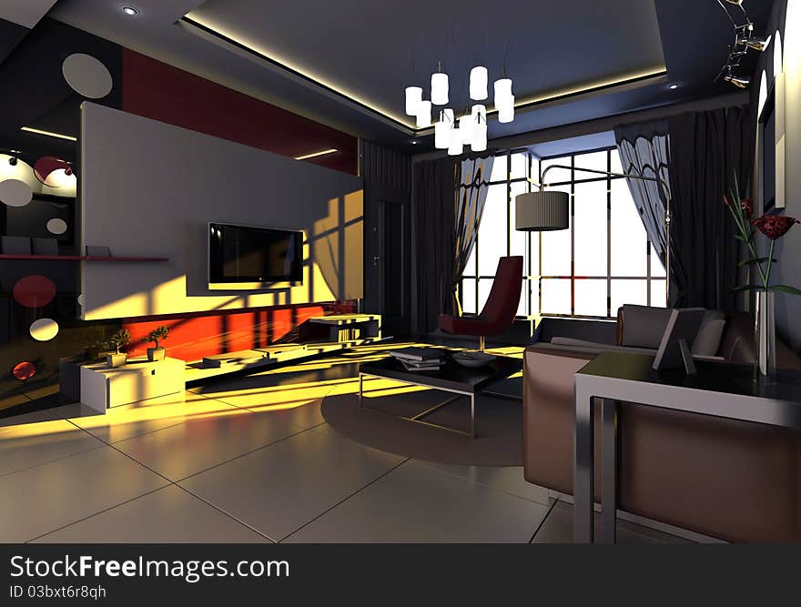 Interior fashionable living-room 3D rendering. Interior fashionable living-room 3D rendering