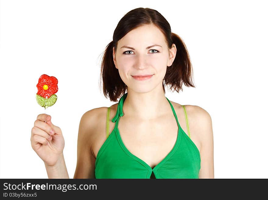 Girl In Green Shirt Holding Flower Lollipop