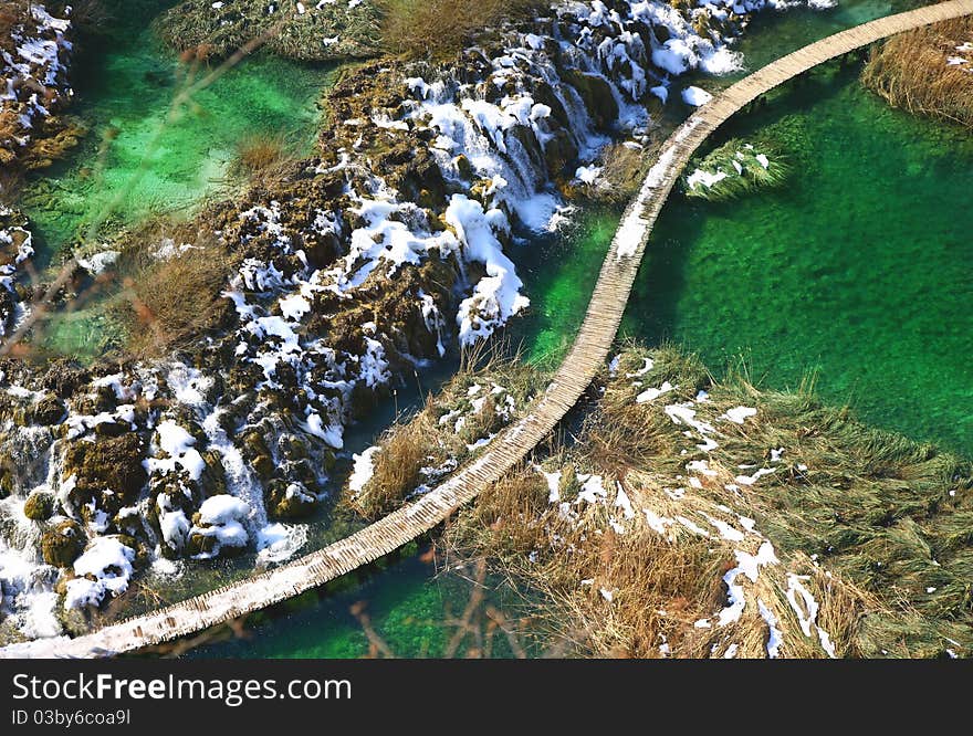 Lake Plitvice in Croatia with a path for walk