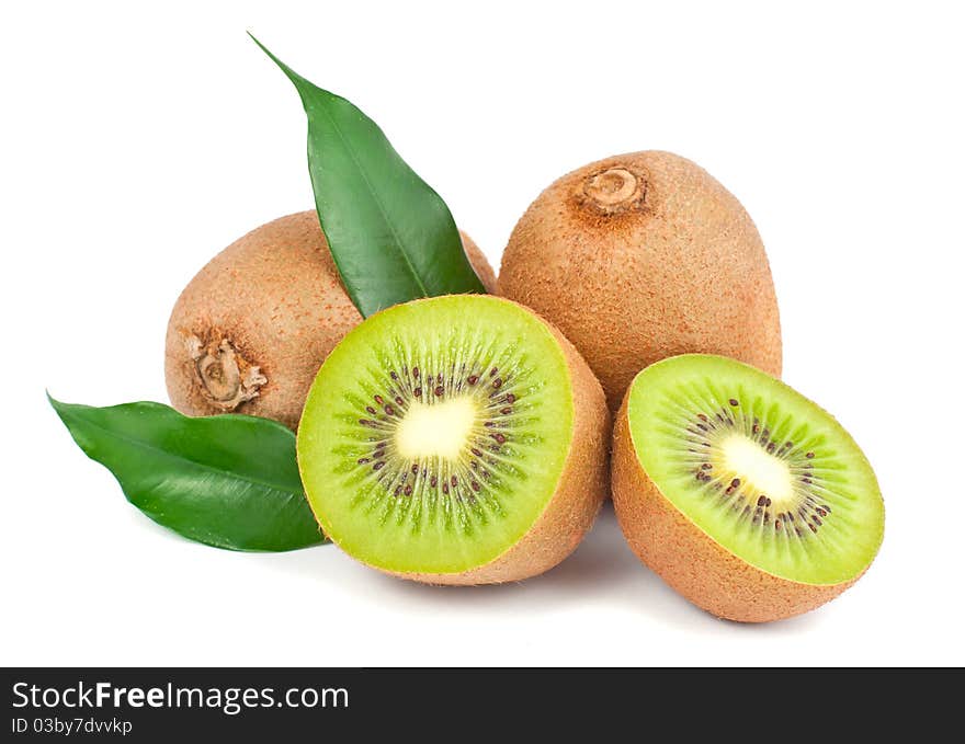 Fresh Kiwi with leaves on a white background