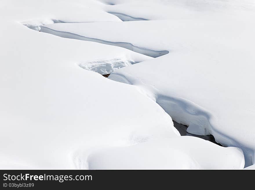 Mountain torrent in the snow during winter