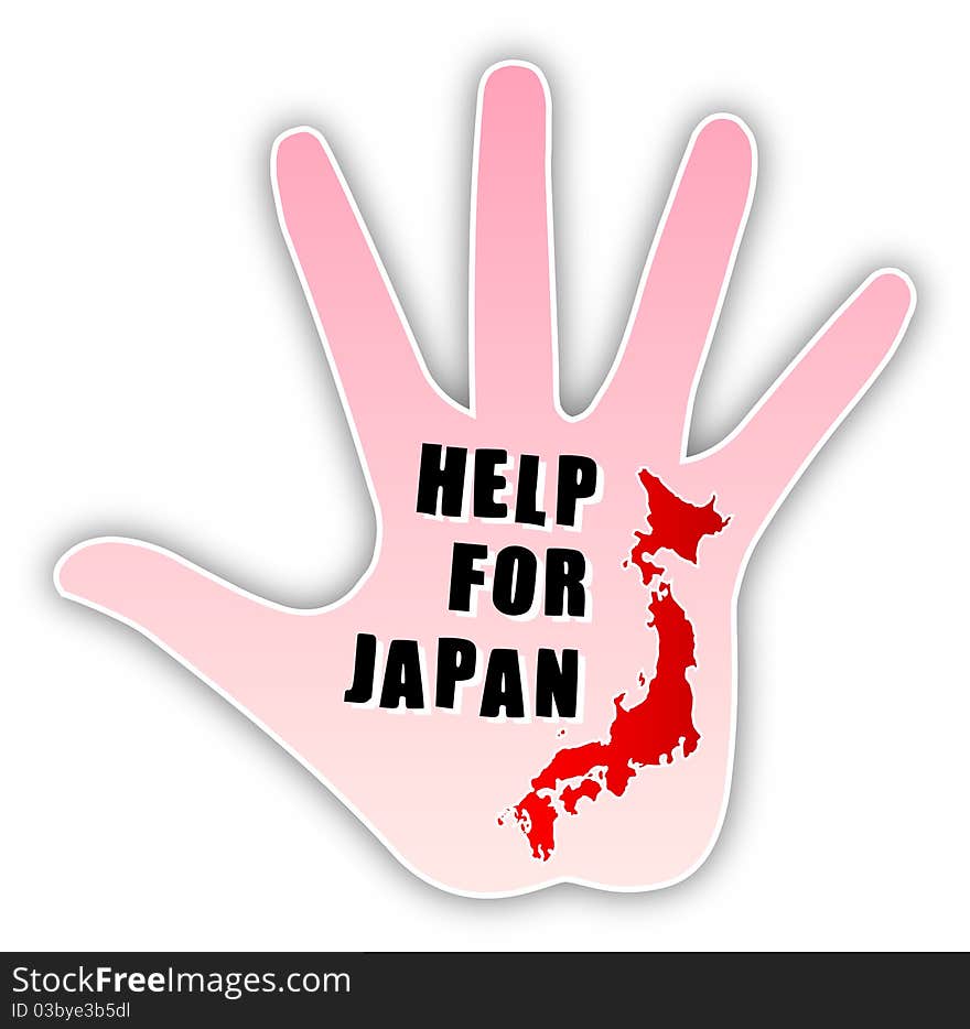 Vector illustration about Japan earthquake and tsunami tragedy, 11th March 2011. Isolated pink human hand on white background with red Japan map and black white lettering Help for Japan. Vector illustration about Japan earthquake and tsunami tragedy, 11th March 2011. Isolated pink human hand on white background with red Japan map and black white lettering Help for Japan.