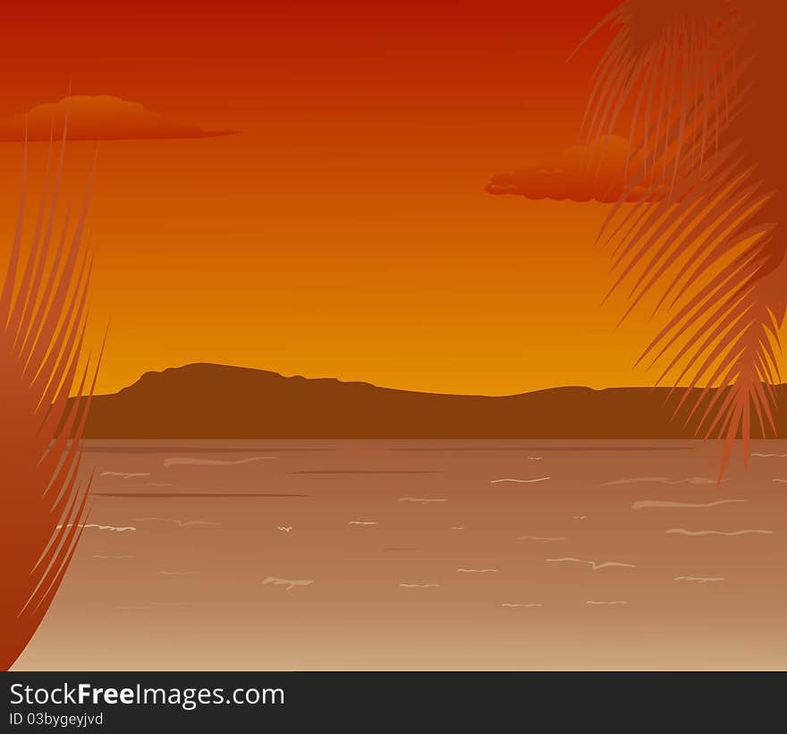 Sea landscape with mountains sunset