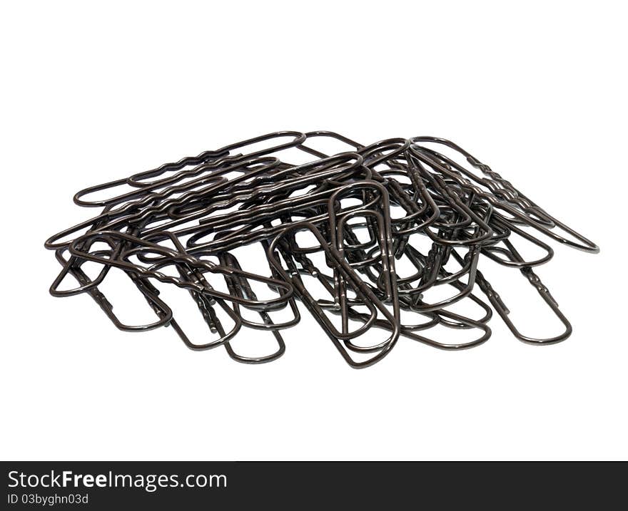 Isolated close-up many paper clips on white background. Isolated close-up many paper clips on white background