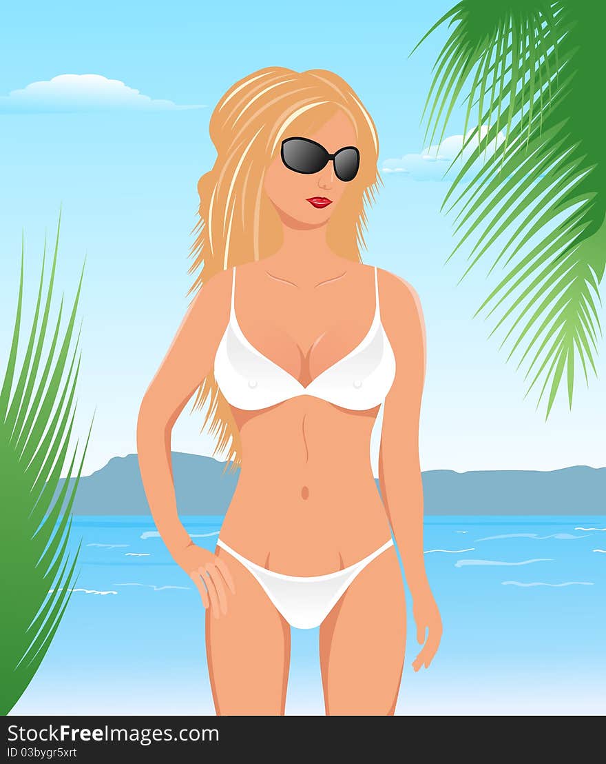 Illustration pretty blond girl on beach - vector. Illustration pretty blond girl on beach - vector