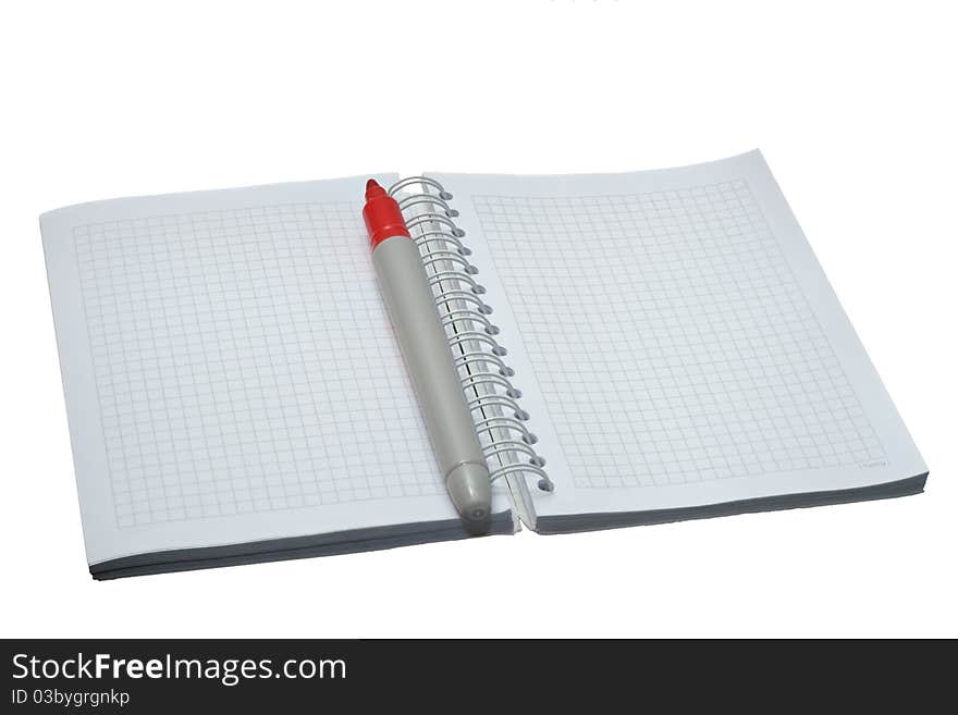 Isolated blank notebook with marker on white background