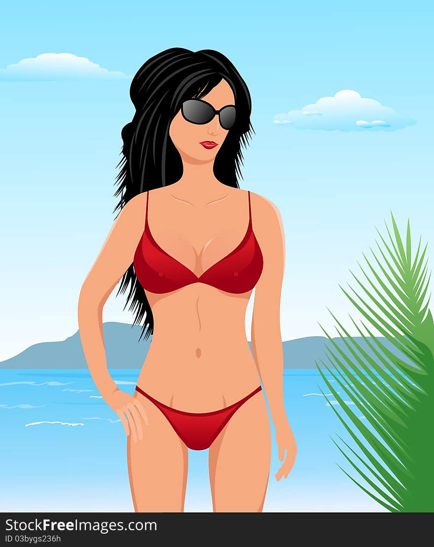 Illustration pretty brunette girl on beach - vector