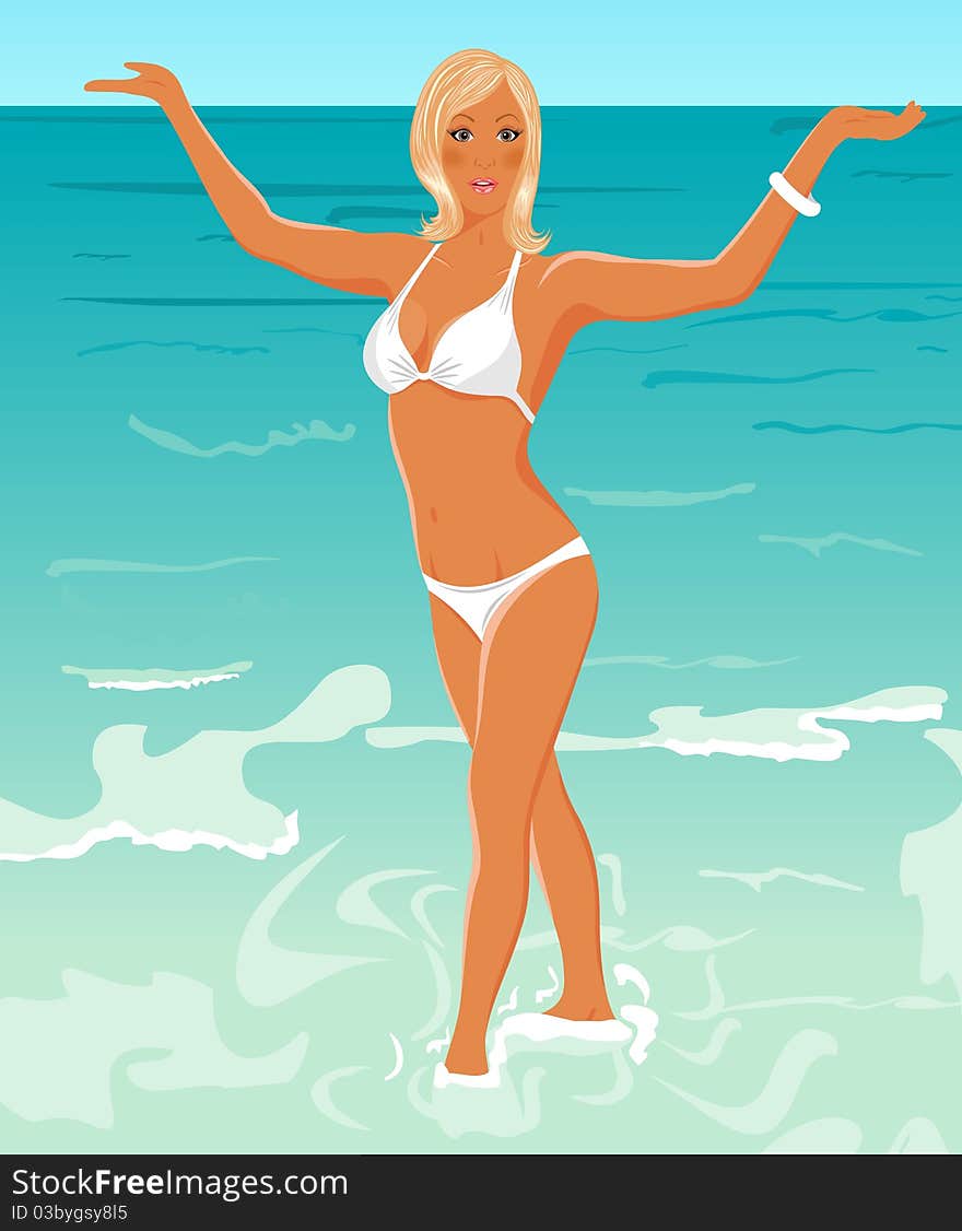 Illustration pretty blond girl on beach - vector