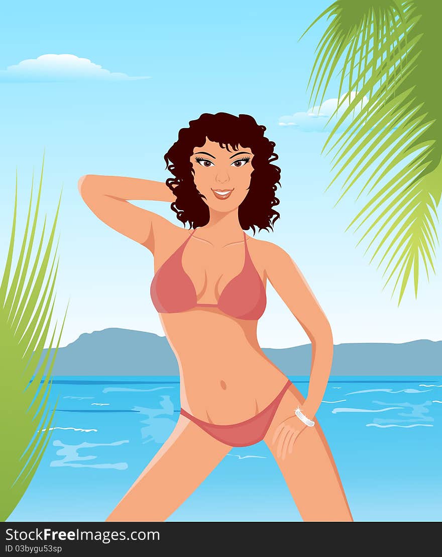 Illustration pretty brunette girl on beach - vector