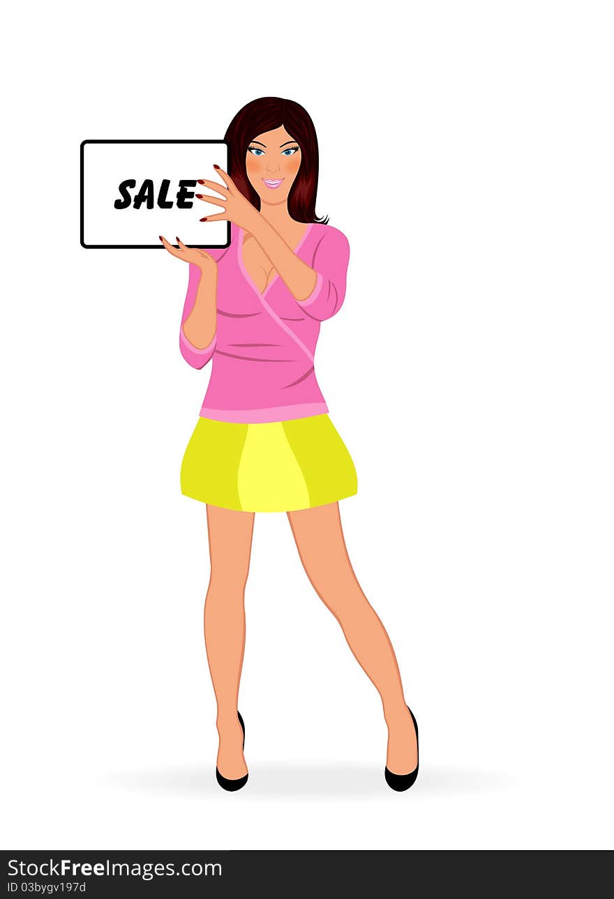 Illustration fashion shopping girl showing message board ''sale'' - vector. Illustration fashion shopping girl showing message board ''sale'' - vector