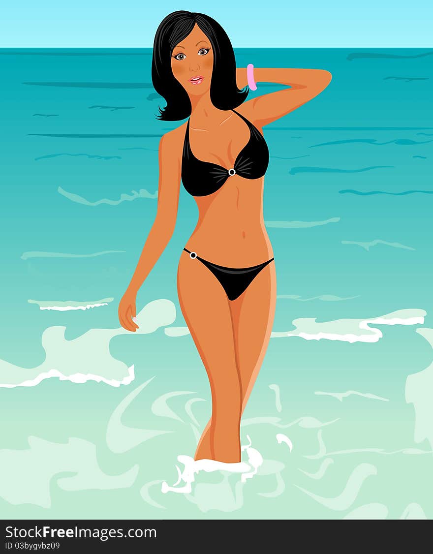 Illustration pretty suntanned girl on beach - vector