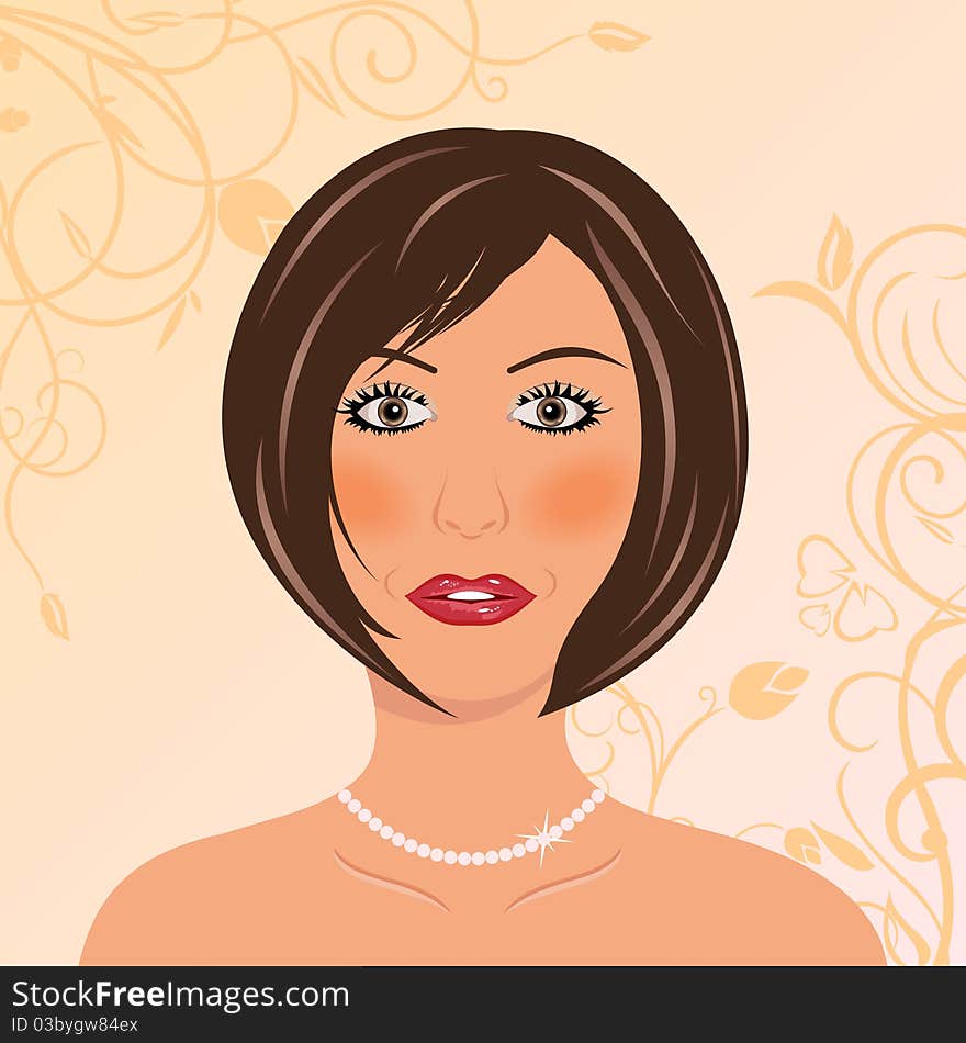 Illustration beautiful girl's face with floral background - vector