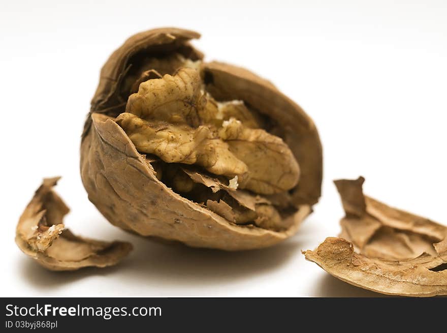 Walnut shell cracked on white background